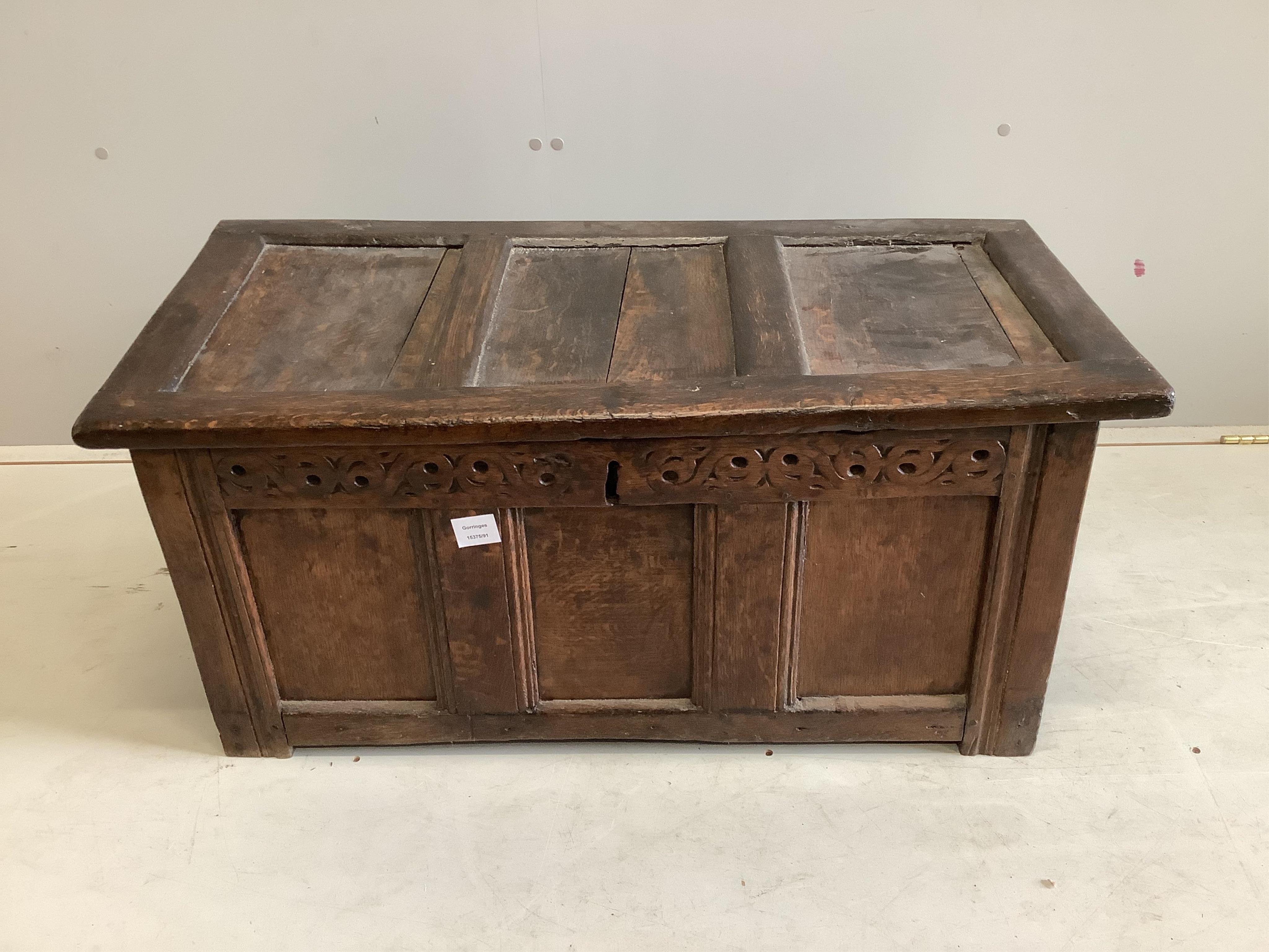 A late 17th century panelled oak coffer, width 94cm, depth 45cm, height 41cm. Condition - fair